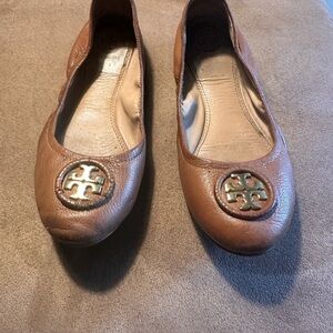 Tory Burch Brown Leather Flats with Gold Emblem